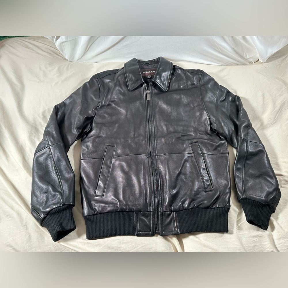 Michael Kors Black Leather Bomber Jacket Medium Y2K Heavyweight Full Zip